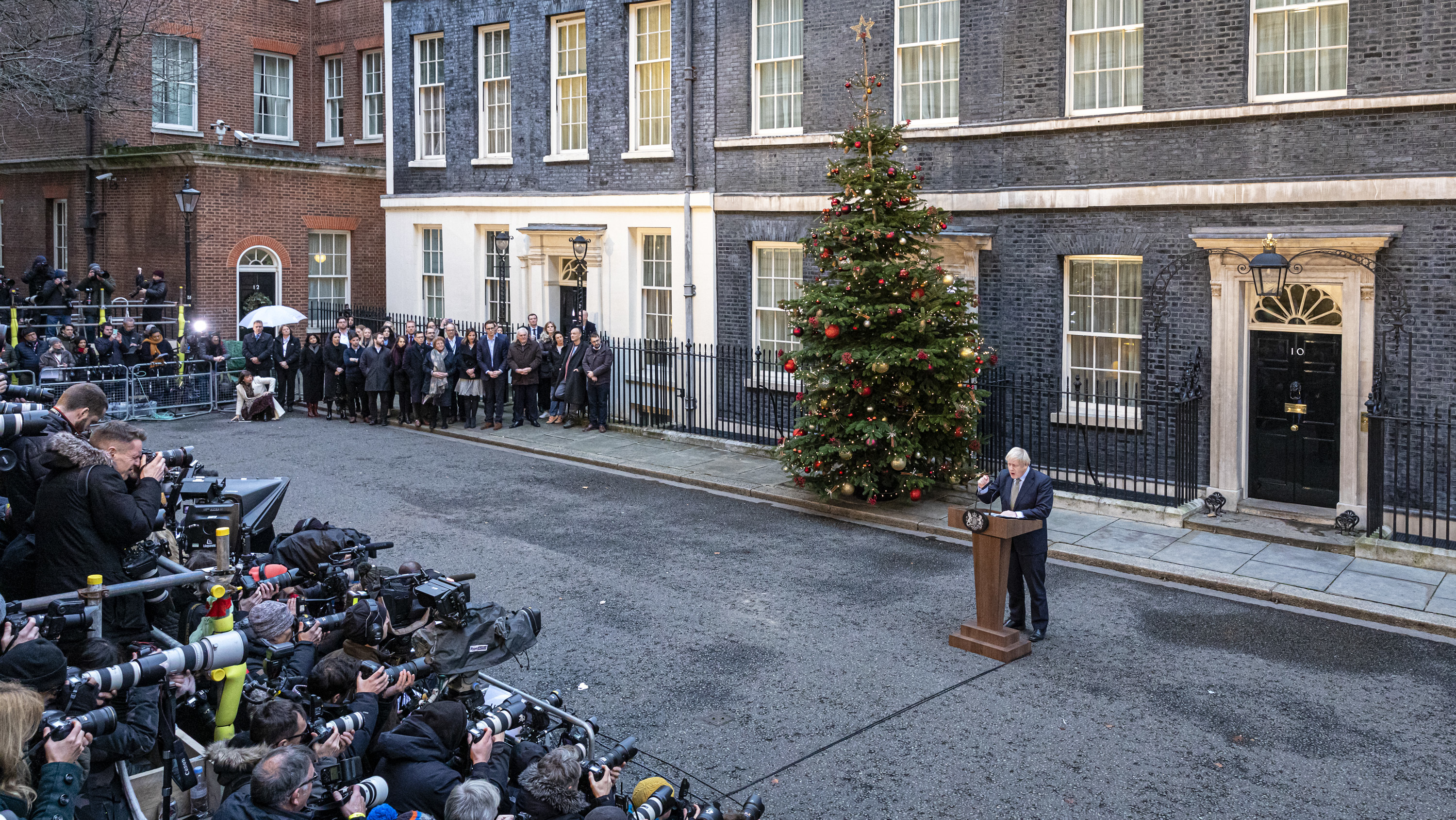 Prime Minister Boris Johnson delivers a speech outside 10 Downing Street after winning a majority for the Conservatives in the 2019 General Election.