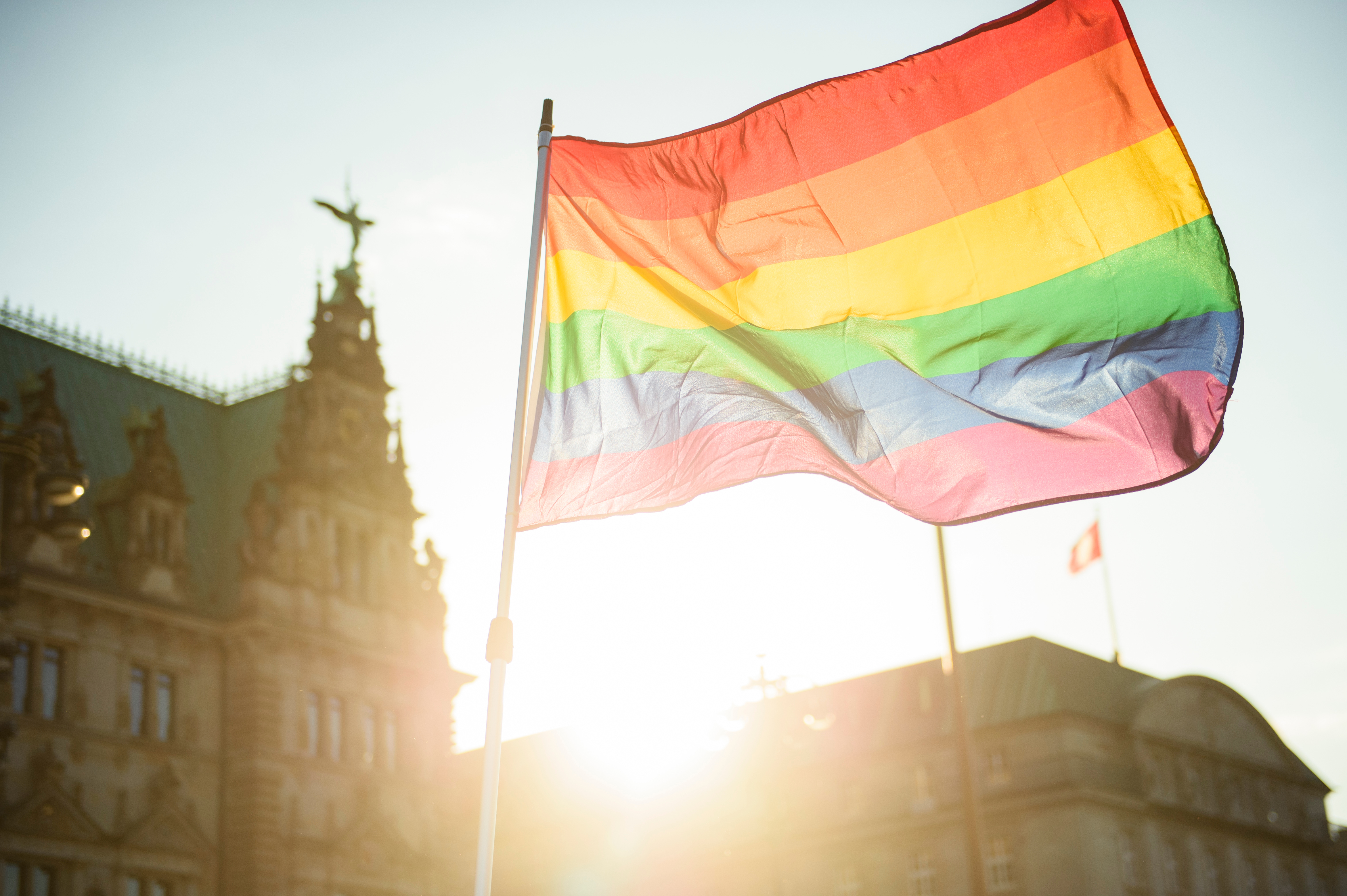 Eine Regenbogenfahne ist während einer Aktion zum Internationalen Tag gegen Homophobie auf dem Rathausmarkt der Hansestadt Hamburg im Gegenlicht zu sehen. 