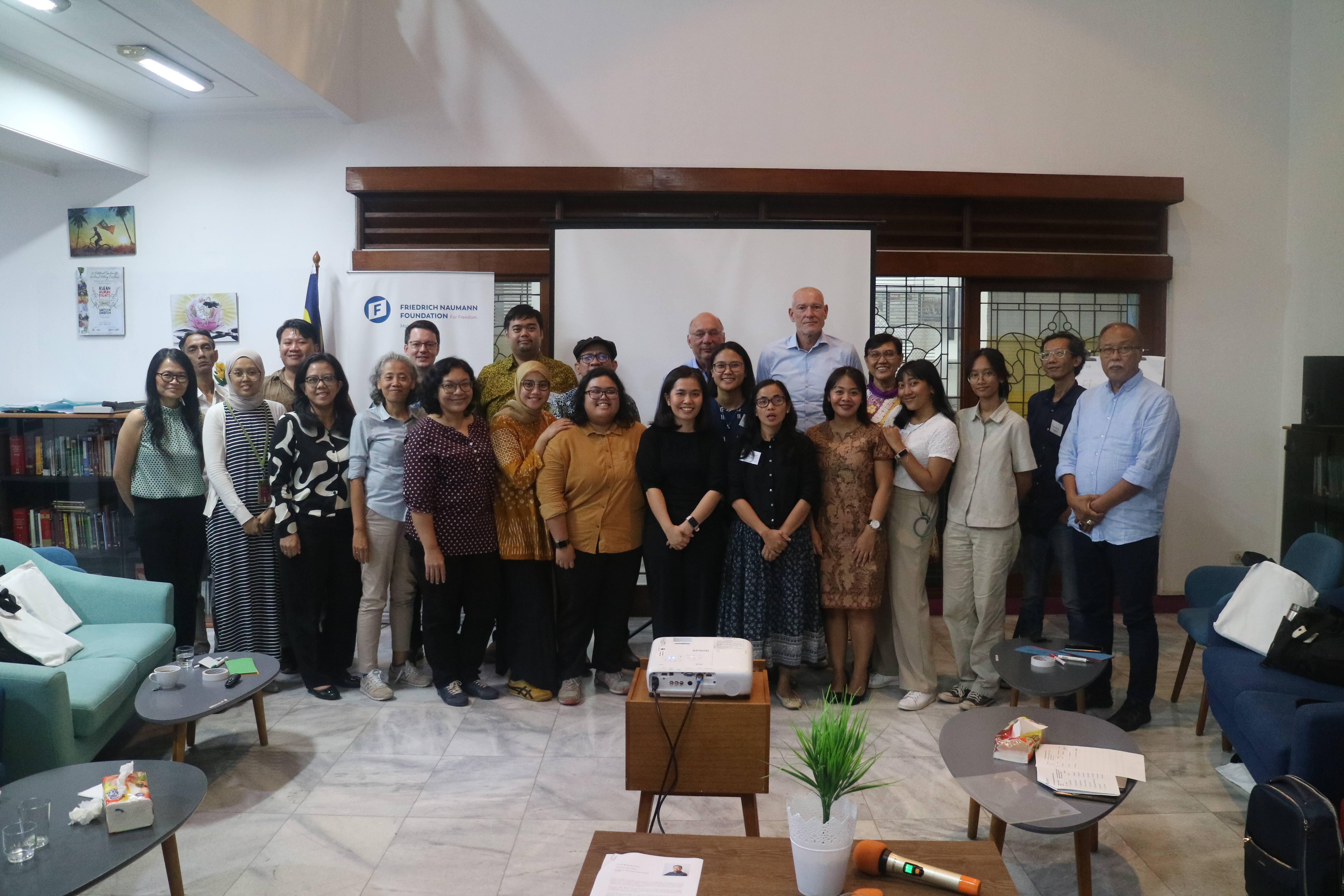 FNF Jakarta's staff, along with Moritz Kleine-Brockhoff (Head of Regional Office Southeast and East Asia) and Dr. René Klaff (Head of International Department), standing together with our local civil society partners.