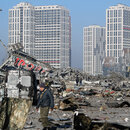 Wreckage and debris outside a damaged shopping centre in the Podilskyi district of Kyiv by Russian air strikes, amid Russian invasion, in Kyiv, Ukraine