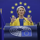 Die Präsidentin der Europäischen Kommission Ursula von der Leyen während ihrer Rede zur Ukraine im Europäischen Parlament in Straßburg