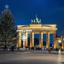 Weihnachtsbaum und Chanukka-Leuchter vor dem Brandenburger Tor in Berlin