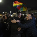 Supporters of the same-sex marriage bill, react during a rally at central Syntagma Square, in Athens, Greece