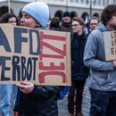 Eine Teilnehmerin einer Demonstration gegen Rechtsextremismus unter dem Motto «Nie wieder ist jetzt - alle zusammen gegen den Faschismus» trägt auf dem Neuen Markt vor dem Rathaus ein Schild mit der Aufschrift «AFD-Verbot jetzt»