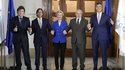 From left: Argentina's President Javier Milei, Uruguay President Luis Lacalle Pou, European Commission President Ursula von der Leyen, Brazil's President Luiz Inacio Lula da Silva and Paraguay's President Santiago Pena pose for a picture during the Mercosur Summit in Montevideo, Uruguay,