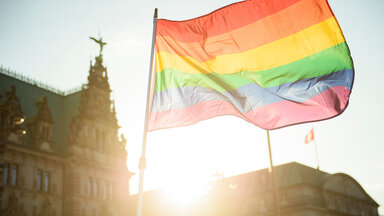 Eine Regenbogenfahne ist während einer Aktion zum Internationalen Tag gegen Homophobie auf dem Rathausmarkt der Hansestadt Hamburg im Gegenlicht zu sehen. 
