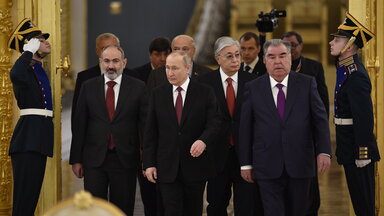 From left, Armenian Prime Minister Nikol Pashinyan, Russian President Vladimir Putin, Kazakhstan's President Kassym-Jomart Tokayev and Tajikistan's President Emomali Rahmon enter a hall prior to a meeting of the leaders of the Collective Security Treaty Organization (CSTO) at the Kremlin in Moscow, Russia, Monday, May 16, 2022.
