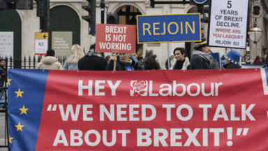 Am Mittwoch fordern Demonstranten vor dem Westminster-Palast in London die Labour-Regierung auf, Großbritannien zurück in die EU zu führen.