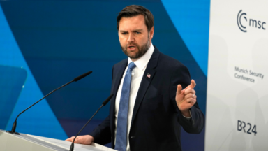 United States Vice-President JD Vance addresses the audience during the Munich Security Conference at the Bayerischer Hof Hotel in Munich,