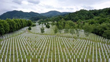 Gravestones are lined up at the memorial cemetery in Potocari, near Srebrenica, Bosnia