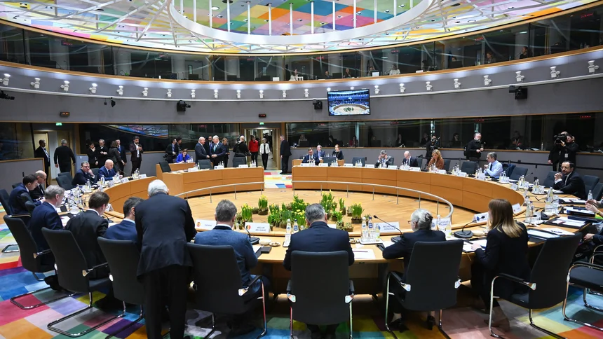 A general view of the emergency summit with European Union leaders to discuss Ukraine and security issues.